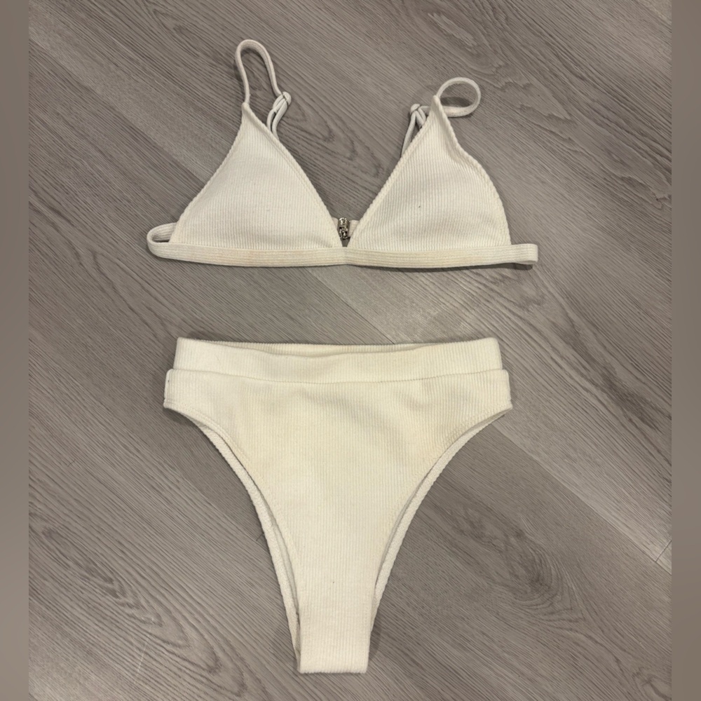 Shein White Ribbed Triangle Bikini Set